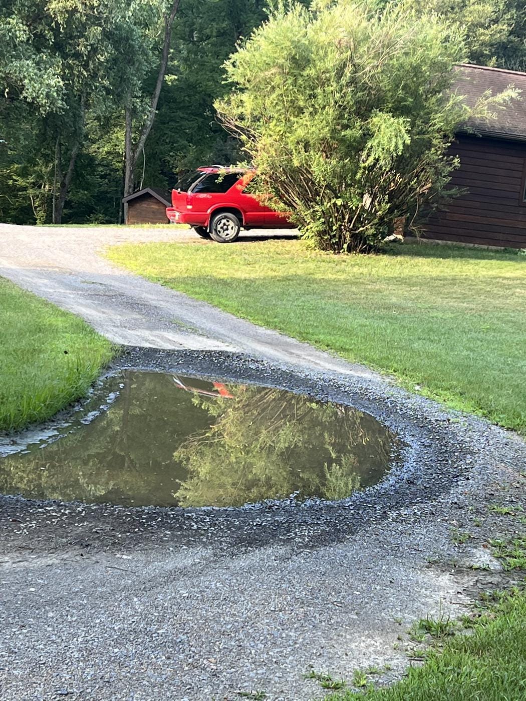 Standing water across the old gravel drive.