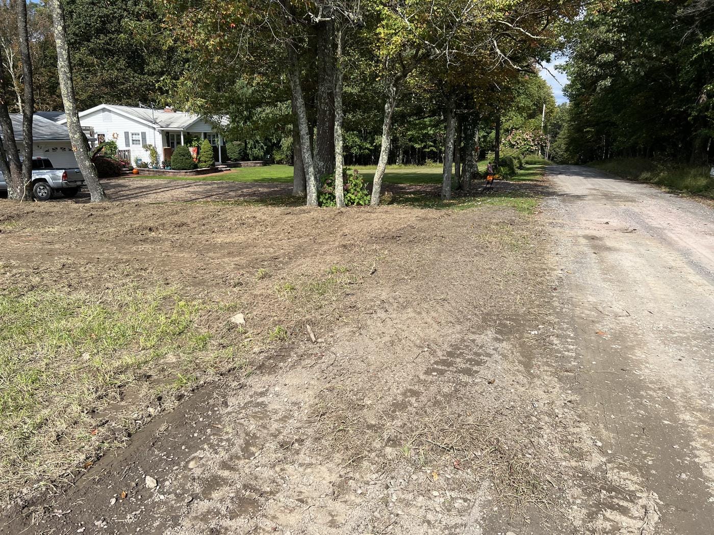 Fresh grade along a gravel road and the tree line.